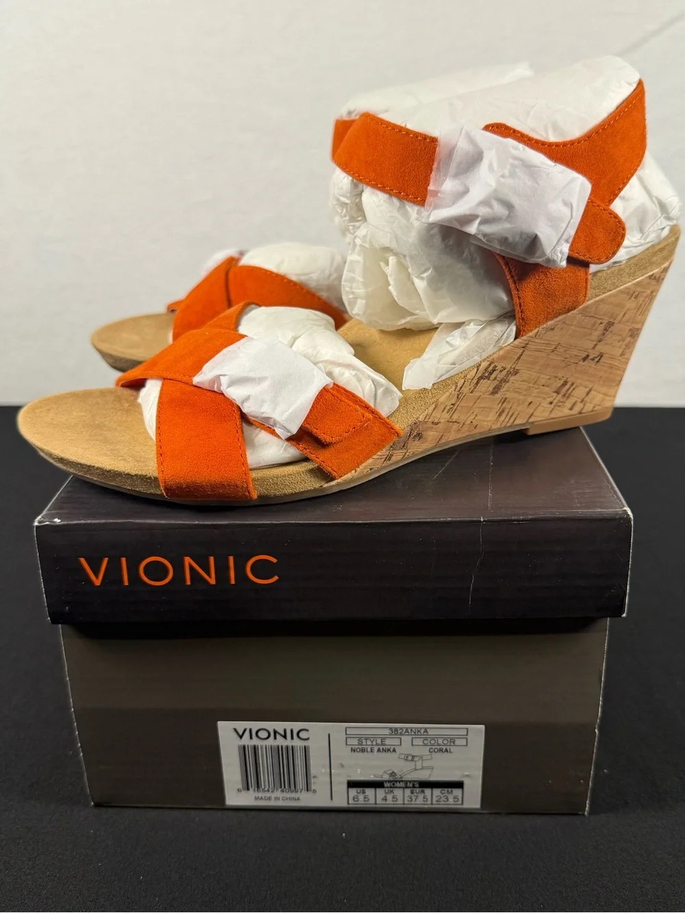 Vionic - Anka Coral Suede Wedge Sandal W/ Cork Heel NIB Size 6.5 MSRP $127